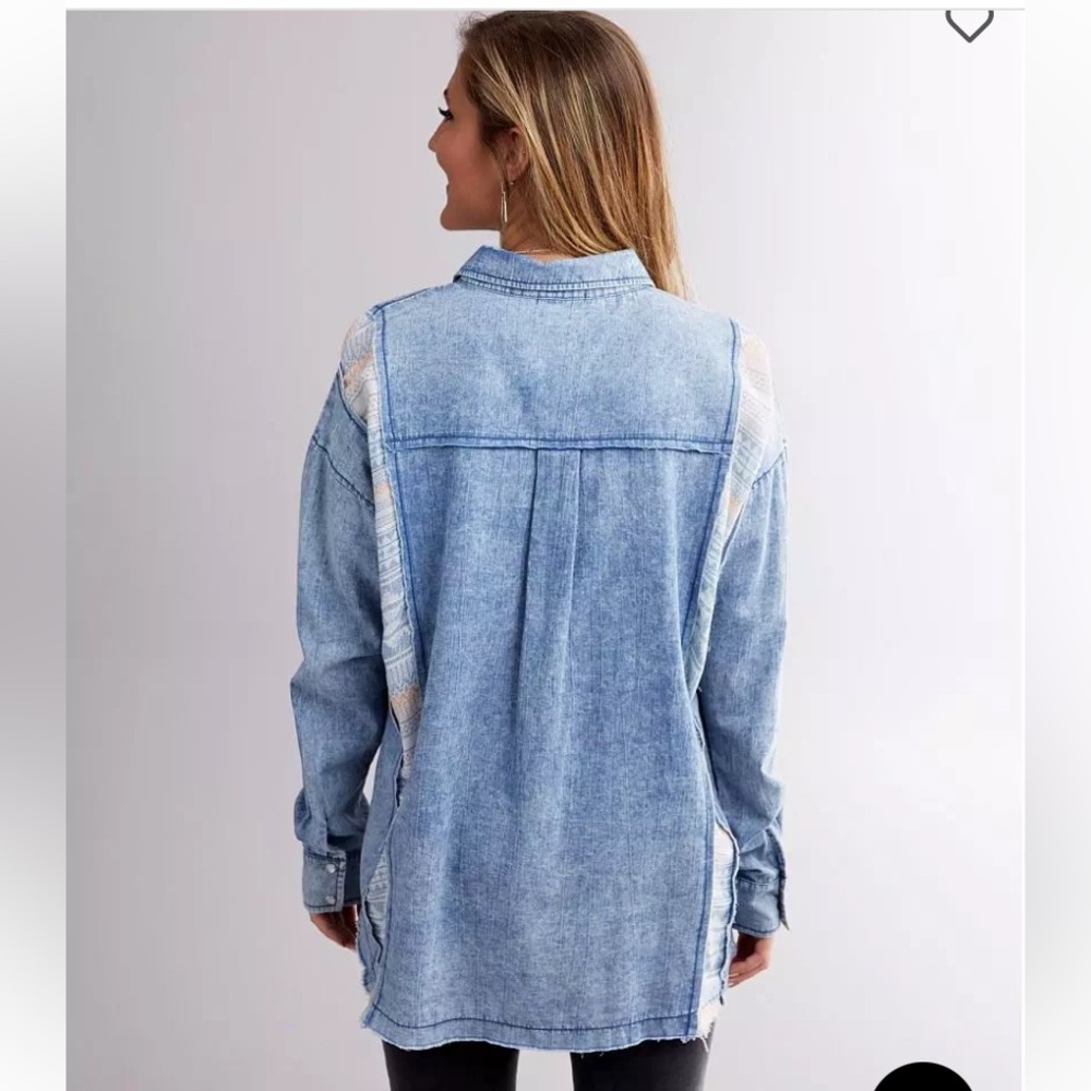 Gimmicks Boho Pieced Chambray Blue Button Down Sh… - image 3